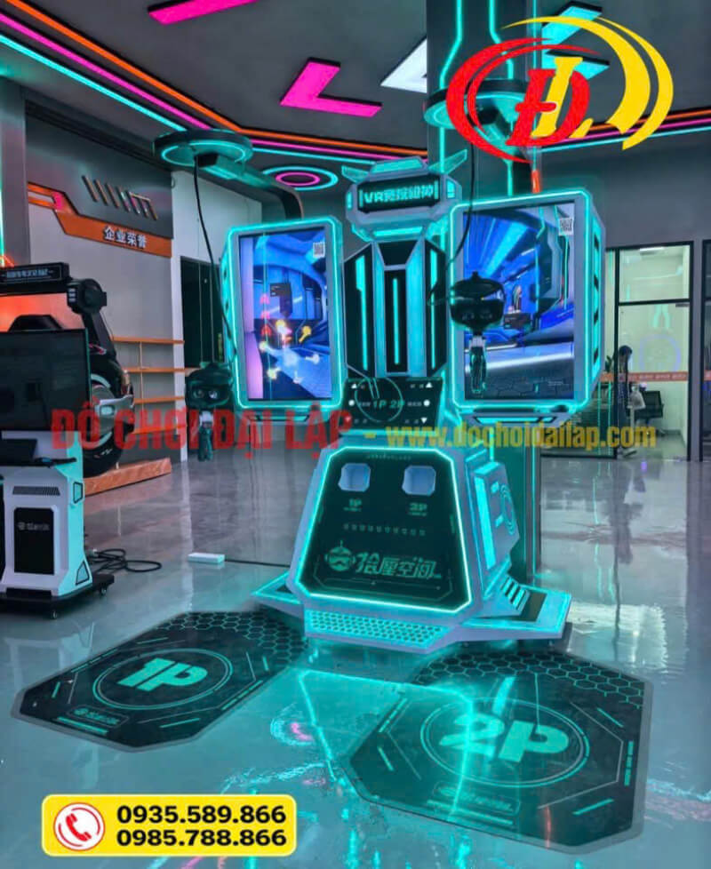 Máy game 9D VR thực tế ảo tương tác đứng 2 người với hai màn hình và đèn LED xanh tại Đồ Chơi Đại Lập
